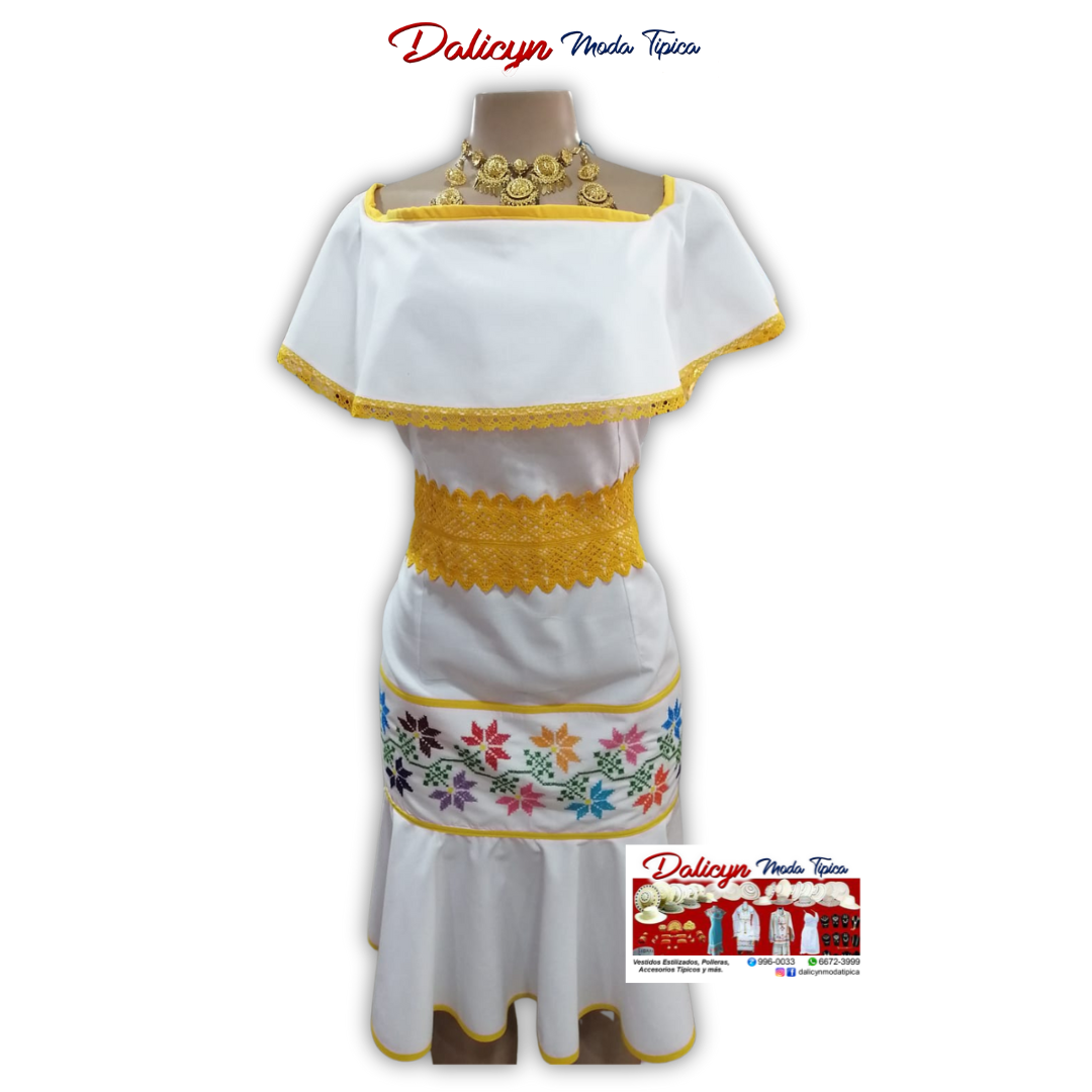 Vestido estilizado Blanco con Amarillo -Talla L/M