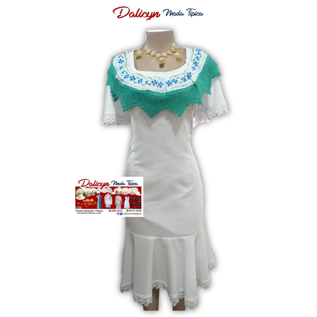 Vestido Típico Estilizado con encaje en verde aqua - Talla M