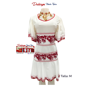 Vestido Blanco Corto con Flores Rojas Zurcidas - Talla M