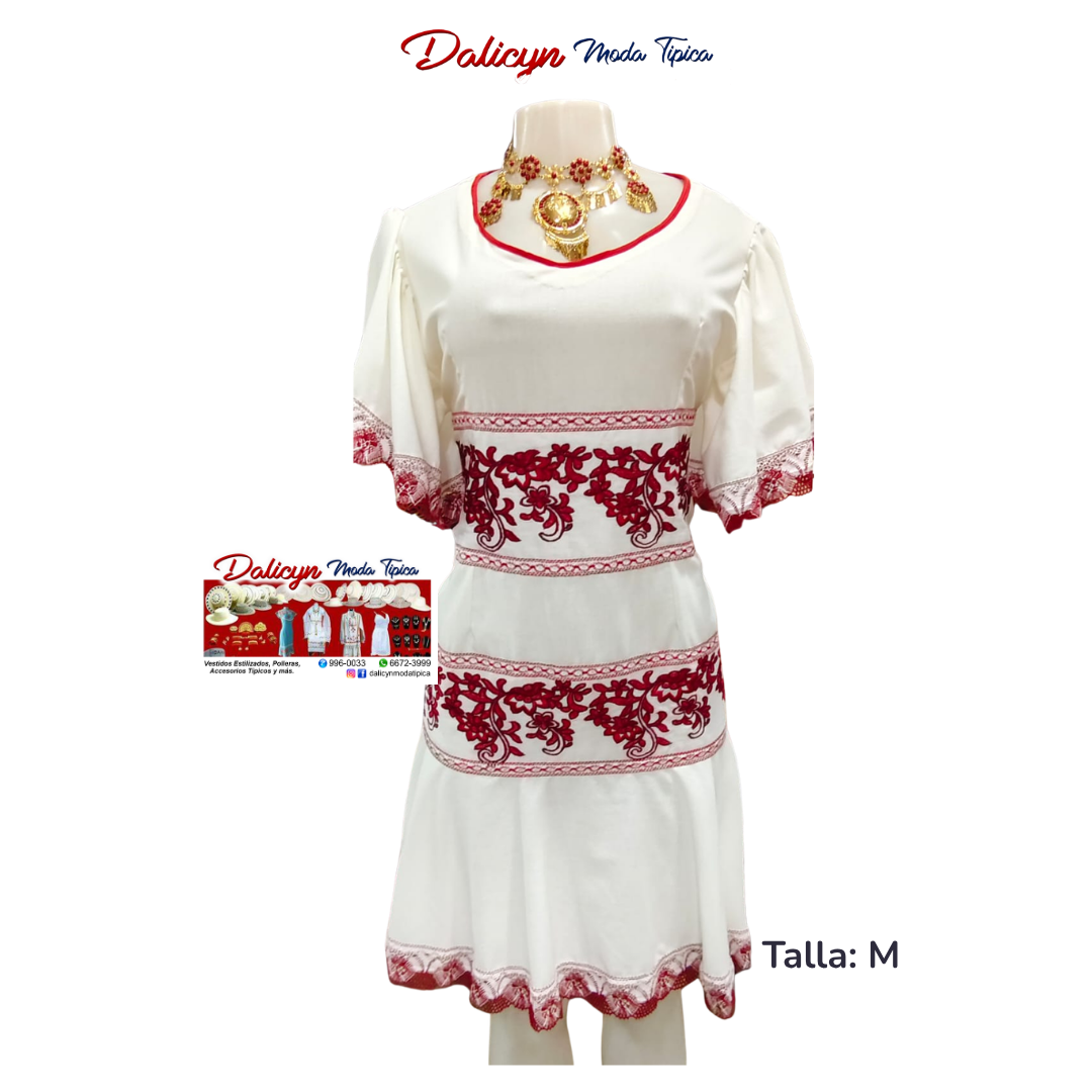 Vestido Blanco Corto con Flores Rojas Zurcidas - Talla M