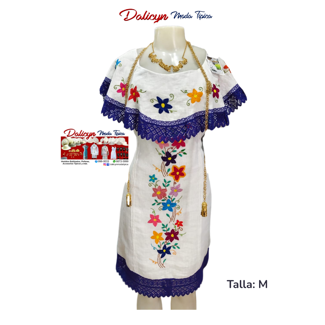 Vestido Blanco en Olán de Hilo con Flores Multicolor Zurcidas a Mano - Talla M