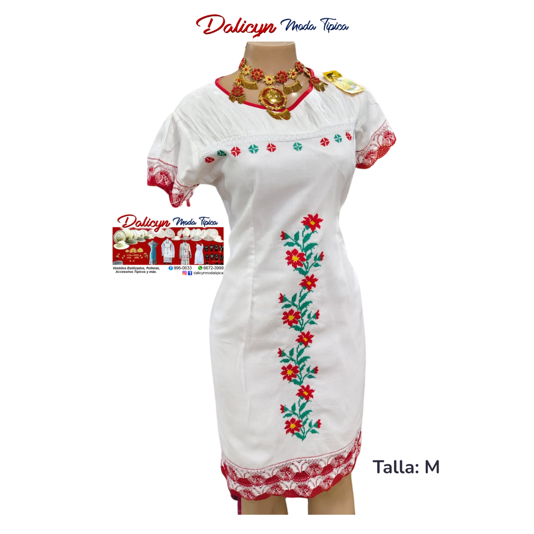 Vestido Blanco con Florecitas Roja en Punto en Cruz - Talla M