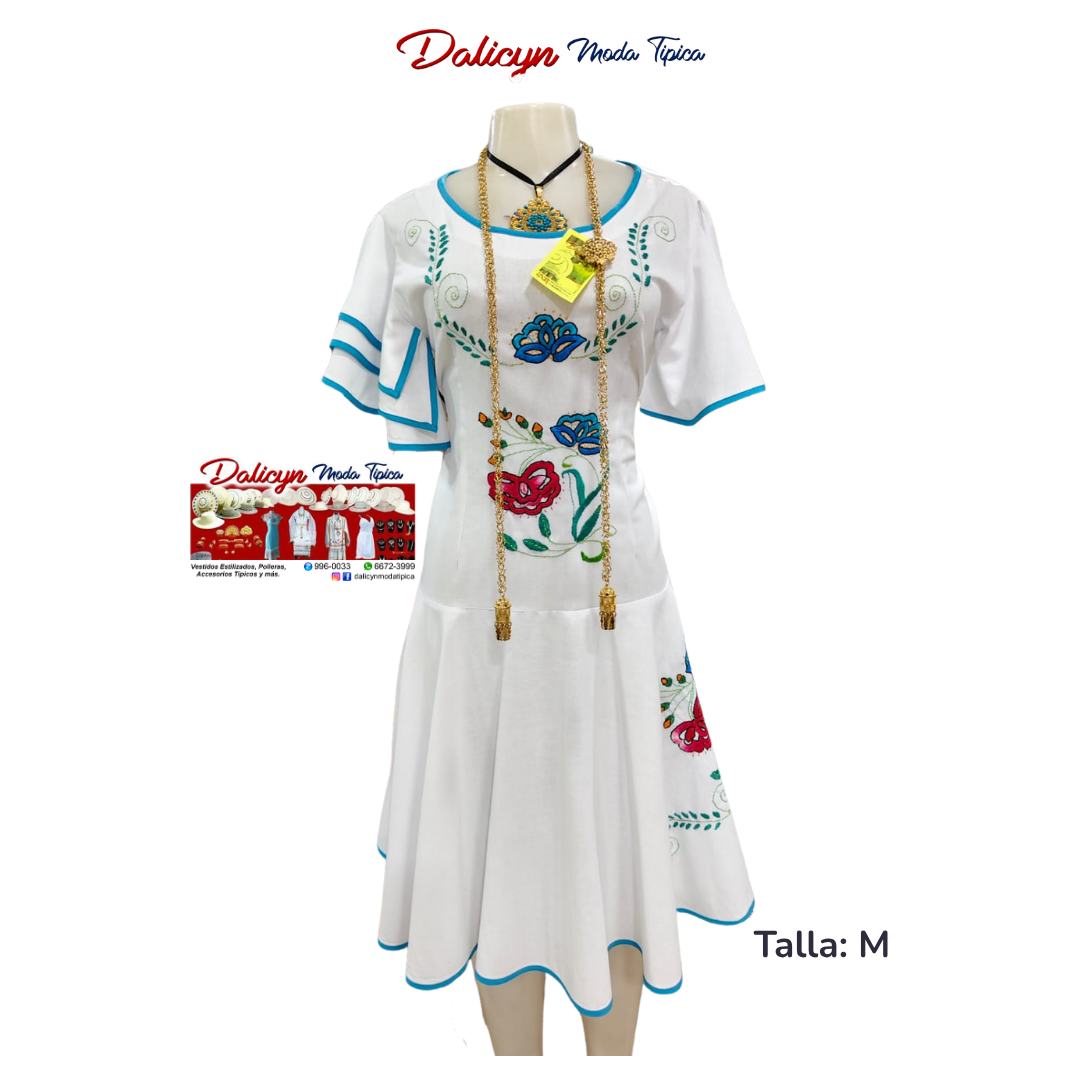 Vestido Blanco con Vuelo y Flores Zurcidas a mano - Talla M