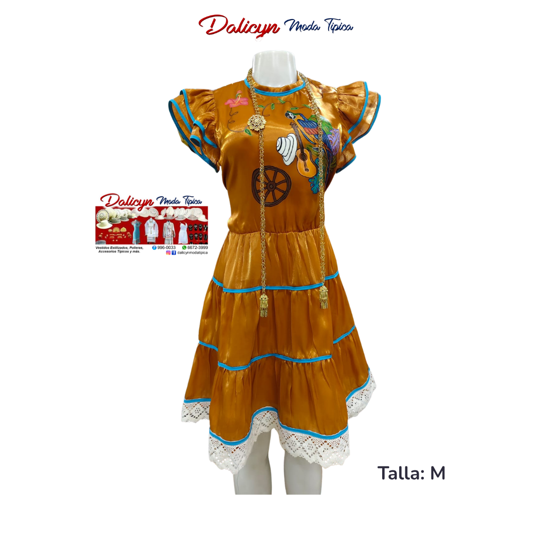 Vestido estilizado con Guacamaya Pintada a Mano y Encajes - Talla M