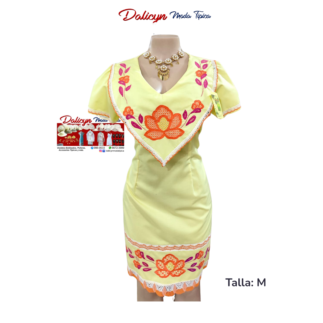 Vestido Amarillo Pastel con Flores Zurcidas a Mano - Talla M