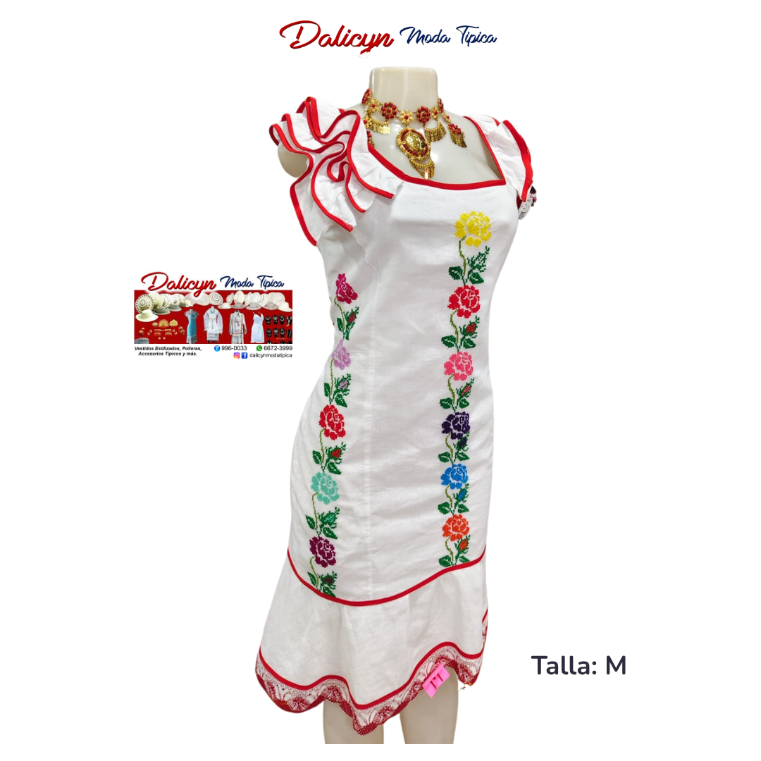 Vestido Blanco con Rosas Multicolor Trabajadas Punto en Cruz - Talla M