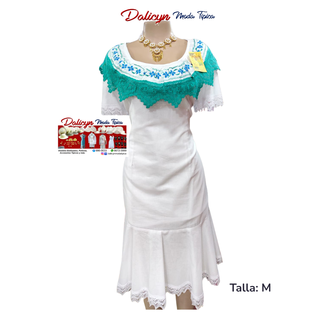 Vestido Blanco con Encaje Turquesa y Flores en Punto en Cruz - Talla M