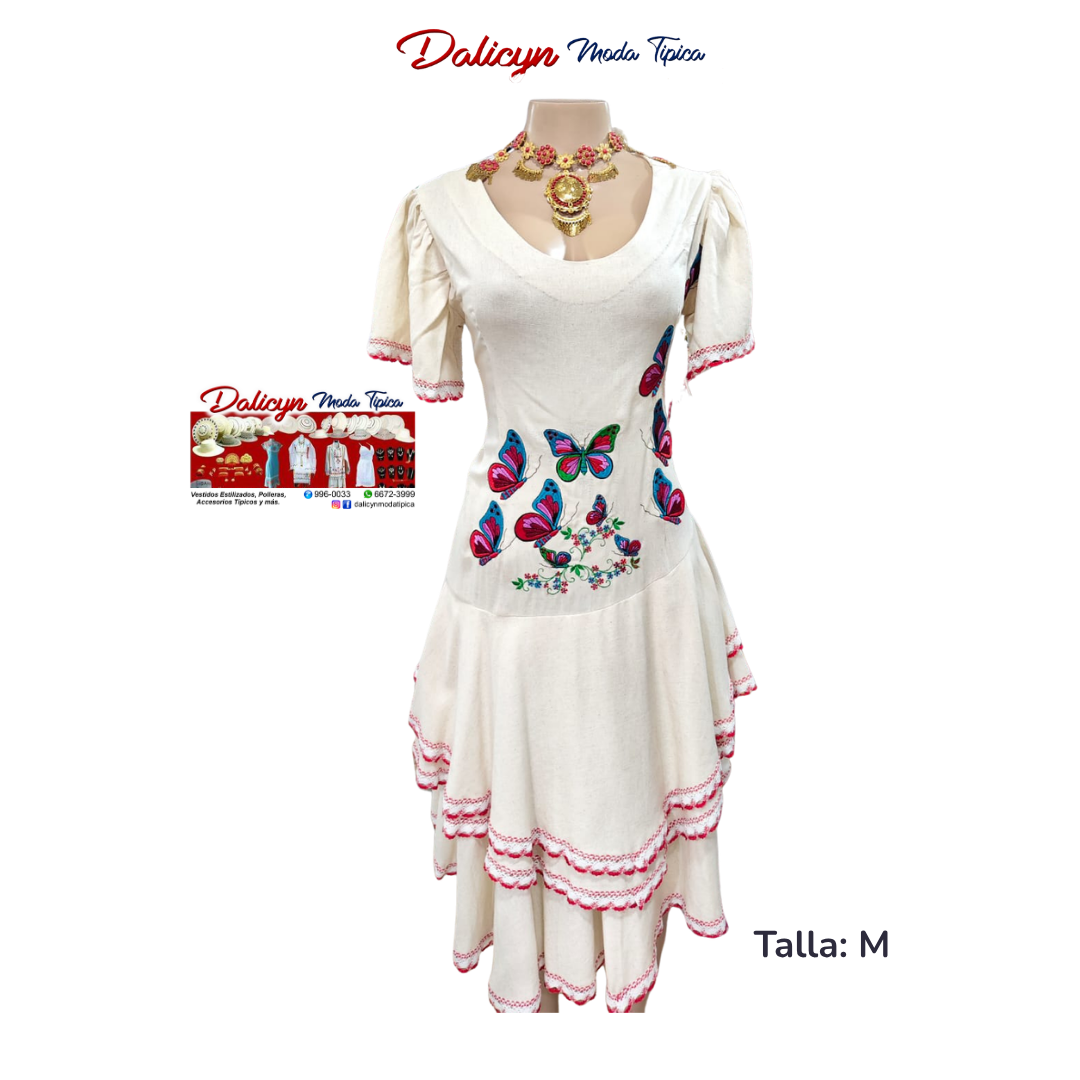 Vestido Blanco con Mariposas Multicolor Zurcidas a Mano - Talla M