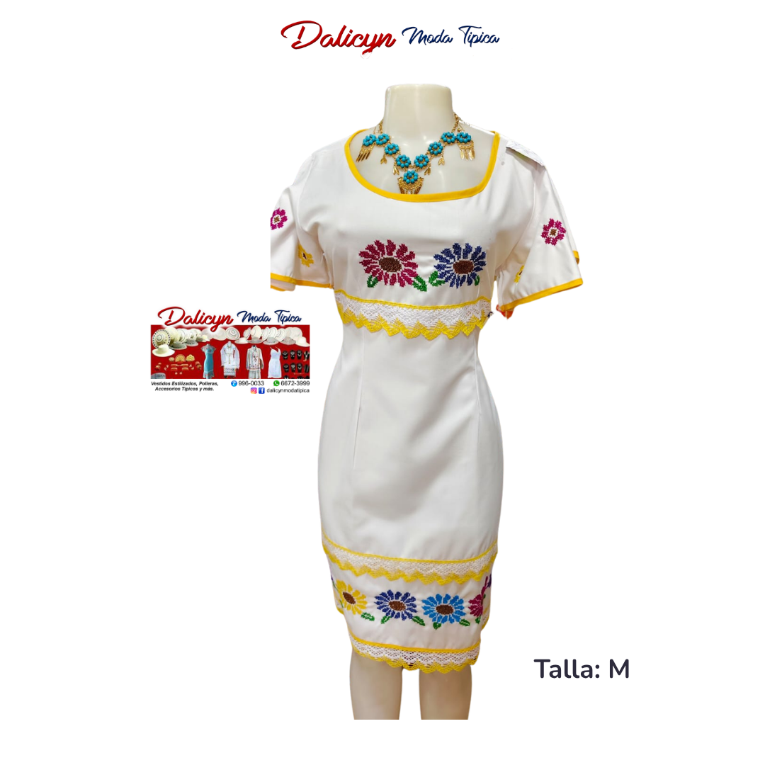 Vestido Blanco con Bordes Amarillos y en Punto en Cruz - Talla M