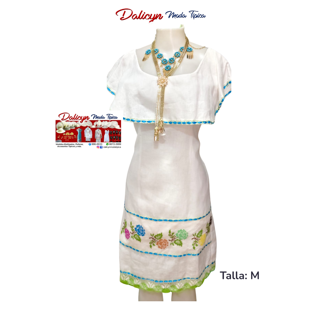 Vestido Blanco con Rosas de Colores en Punto en Cruz - Talla M