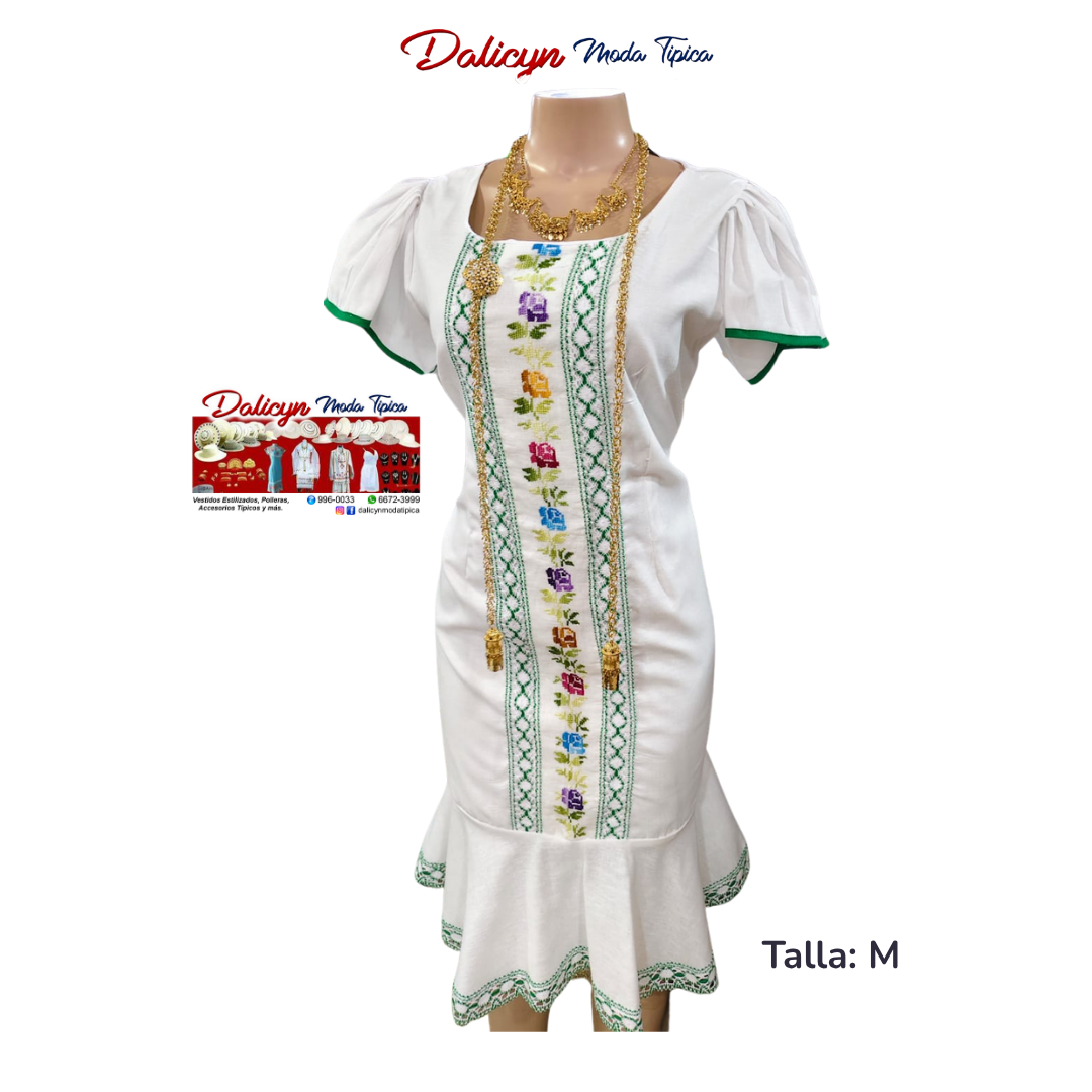 Vestido Blanco Ceñido al Cuerpo, Rosas Punto en Cruz - Talla M