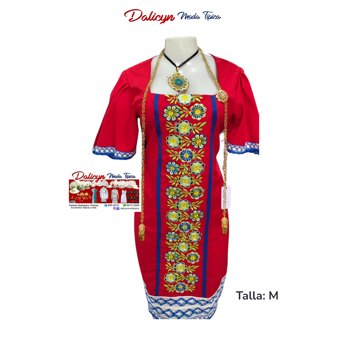 Vestido Rojo Corto, con Flores Zurcidas - Talla M
