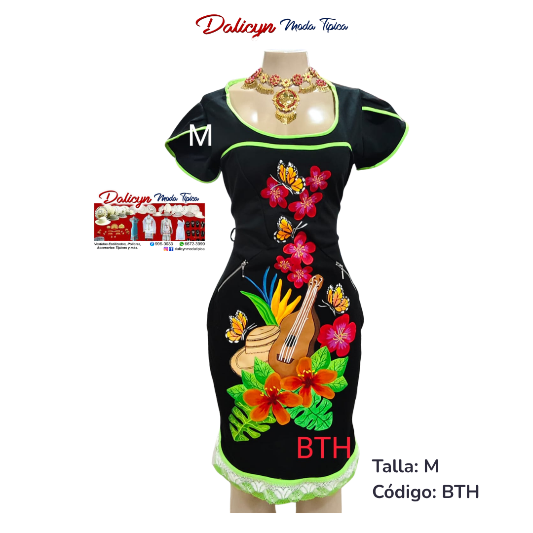 Vestido Negro con mangas, pintado a mano. Talla M - BTH