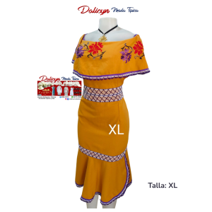 Vestido Corto en Naranja - Con Flores Punto en Cruz - Talla XL