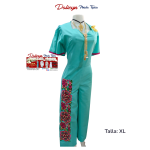 Enterizo Turquesa con flores zurcidas - Talla XL