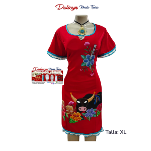 Vestido Rojo de Torito Guapo, flores y tambor Pintado a Mano - Talla XL