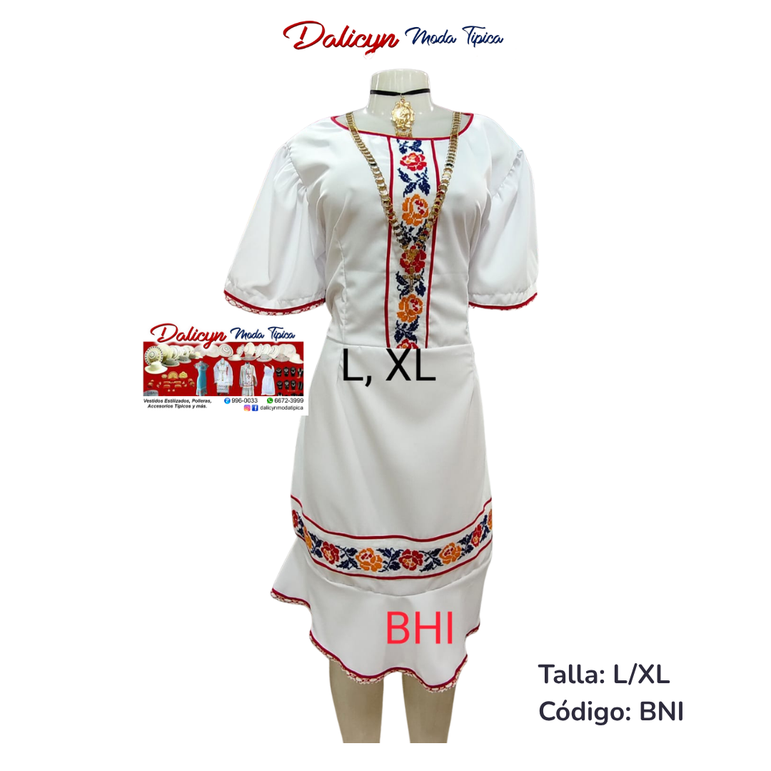 Vestido Blanco con Rosas en Punto en Cruz - Talla L/XL - BNI