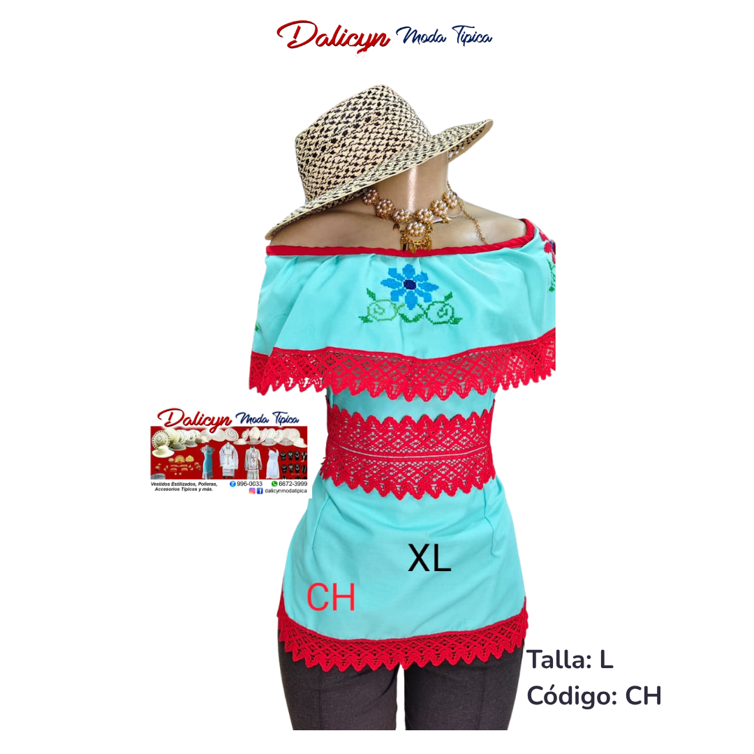 Blusa Típica estilizada con Flores Punto en Cruz - Talla L - Código CH