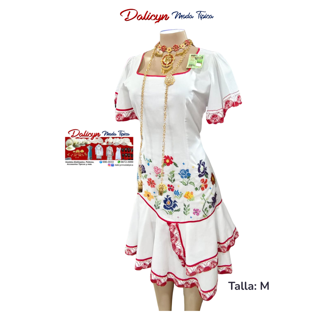 Vestido Corto con Mangas y Flores Multicolor en Punto en Cruz - Talla
