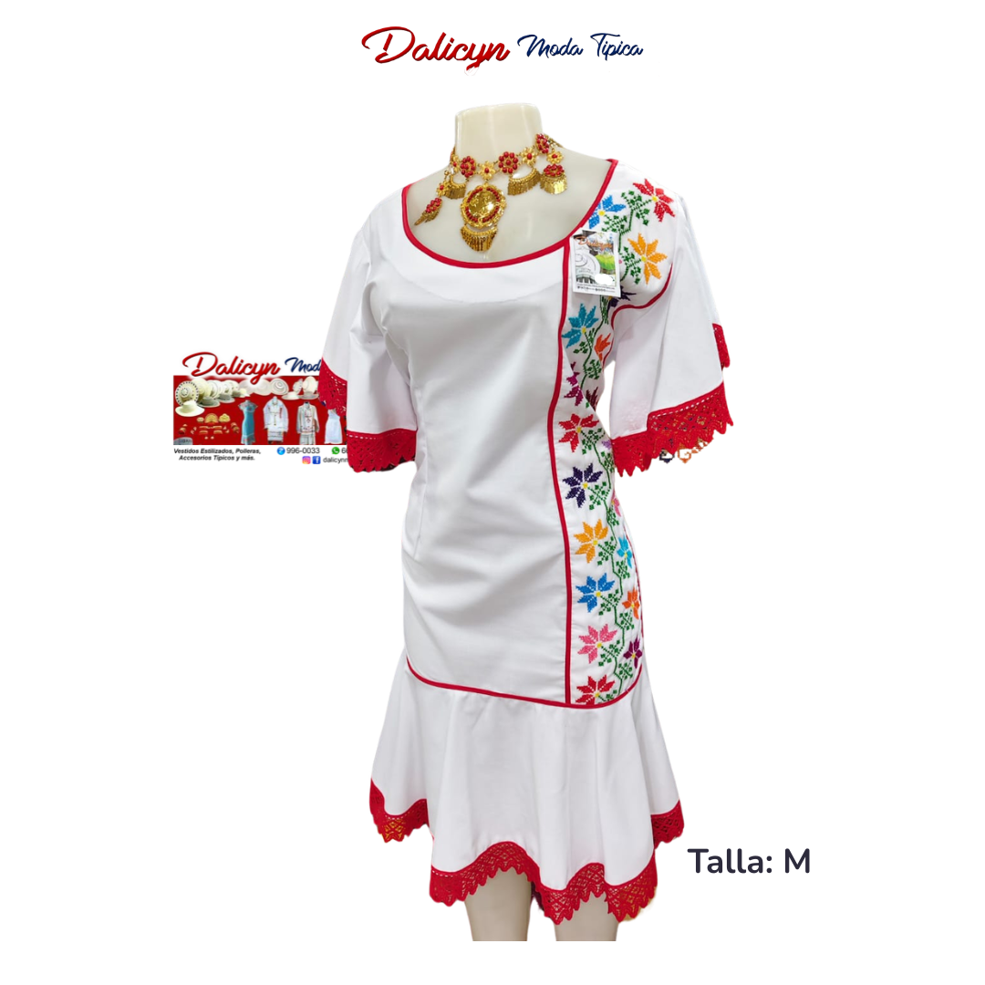 Vestido Blanco con encajes Rojos - Trabajado Punto en Cruz - Talla M
