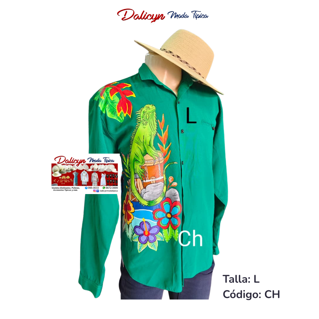 Camisa Manga Larga Iguana Pintada a Mano - Talla L - Código CH