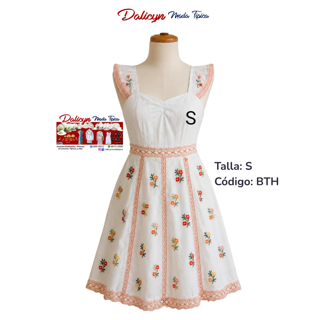 Vestido Corto de florecitas Punto en Cruz - Talla S - Código BTH
