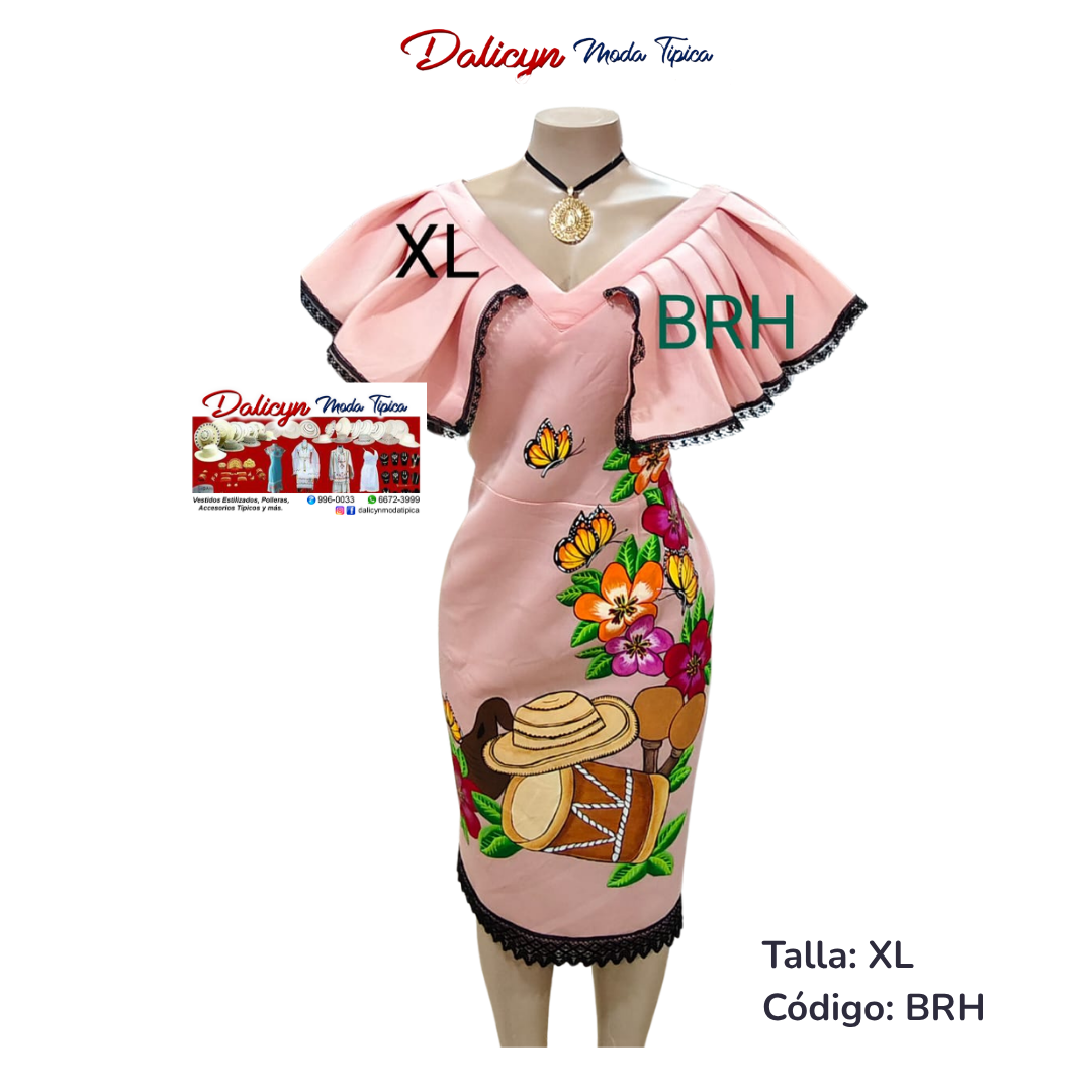 Vestido Corto, Cuello en V, Pintado a Mano - Talla XL -Código BRH