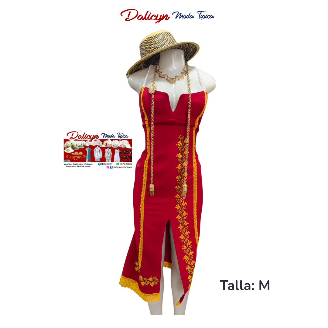 Vestido Rojo con Escote y Tulipanes en Punto en Cruz - Talla M