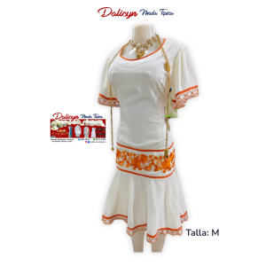 Vestido Blanco de Mangas cortas con Flores Naranjas Zurcidas - Talla M