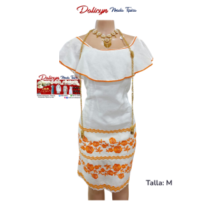 Vestido Blanco con Rosas Naranjas Zurcidas a mano en la falda - Talla M