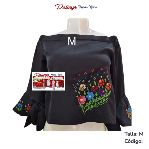Blusa Negra Mangas largas con flores Punto en Cruz - Talla M