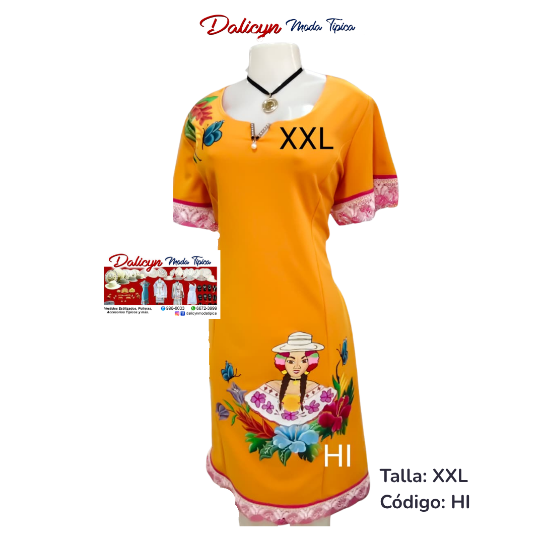 Vestido Naranja con Empollerada Pintada a Mano - Talla XXL - Código HI